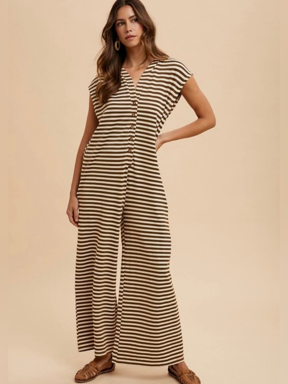 Anniewear Los Angeles Camel Ivory Striped Knit Wide Leg Jumpsuit